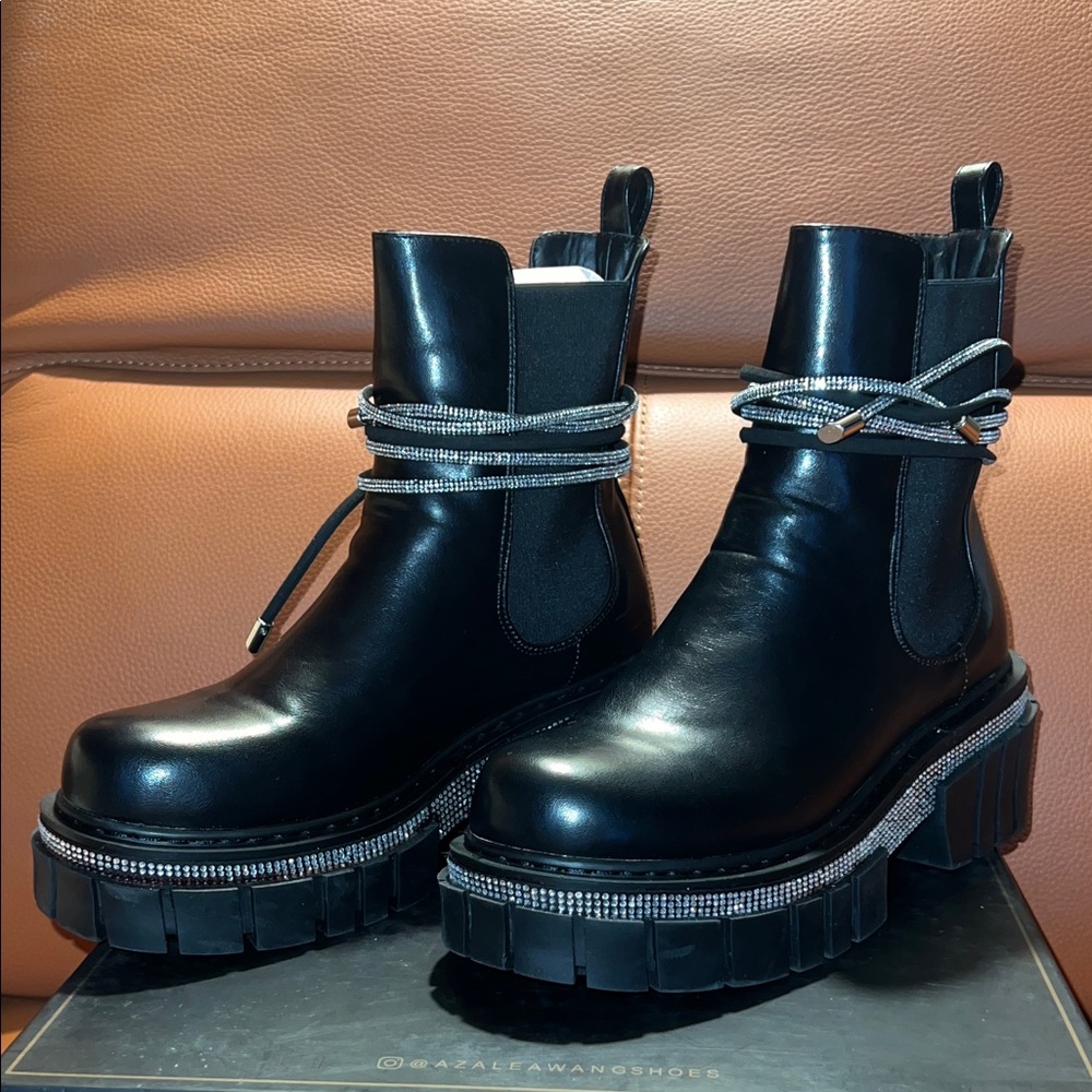 Azalea Wang Black Combat Boots with Silver Detailing